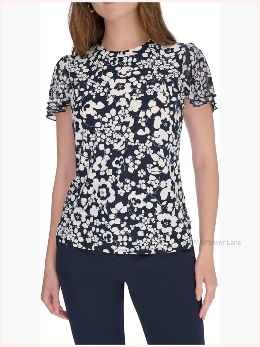 Printed Knit Floral Top, Short Sleeve, Crew Neck, Regular Fit, Polyester